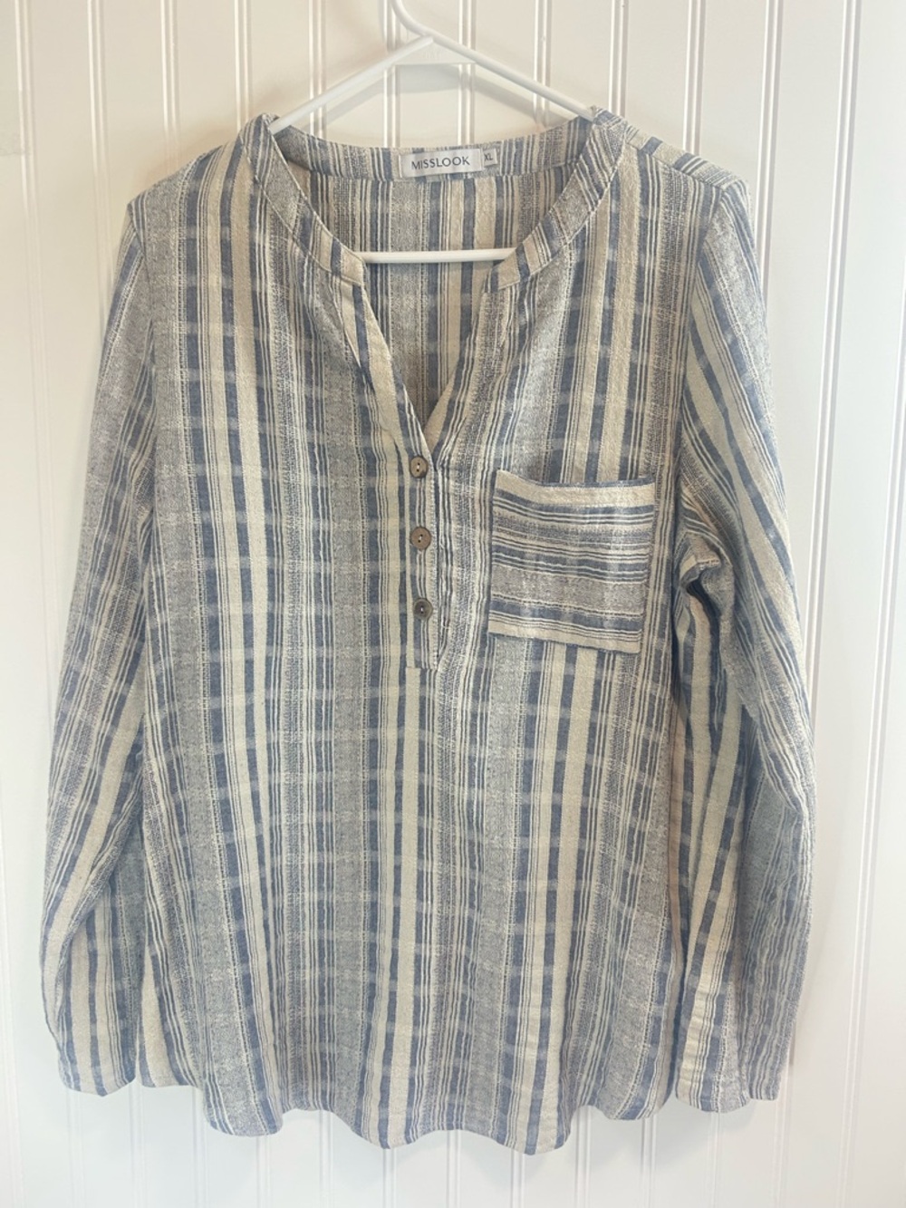 MISSLOOK Blue and Cream Striped Long Sleeve Henley Blouse Size XL.